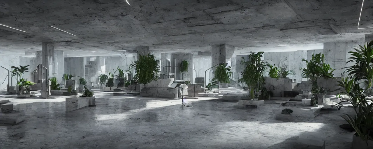 Image similar to modern marble brutalist interior, organic furniture, plants, blade runner, sci fi, stunning detail, cyberpunk, 8k, cinematic lighting, sublime, ultra realistic, colorful, neon, octane rendered,