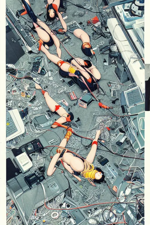 Prompt: a hyper-detailed magazine cover illustration of a group of four female androids' body pieces with cables and wires coming out, lying scattered over an empty floor, by masamune shirow and katsuhiro otomo, view from above, japan 1980s