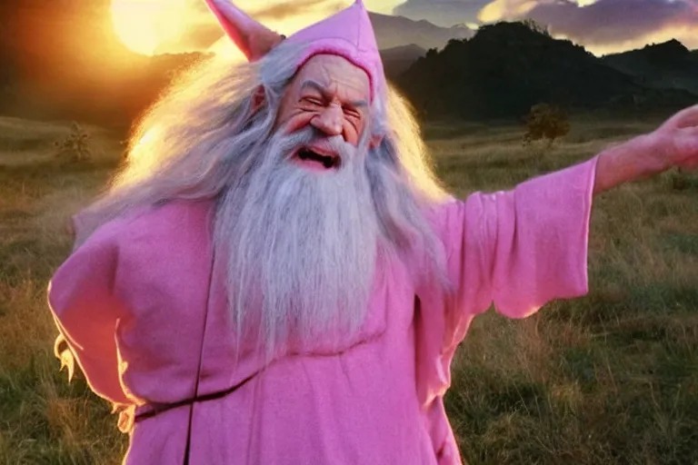 Image similar to portrait of Gandalf wearing pink Hello kitty costume, laughing, sunrise, movie still from Lord of the Rings, cinematic