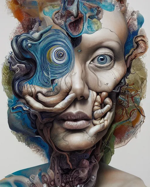 Prompt: strange surrealist, looming, biomorphic painting of a woman with large eyes by dali, marco mazzoni, james jean, charlie immer and jenny saville, fluid acrylic, airbrush art, timeless disturbing masterpiece