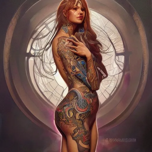 Prompt: ultra realistic illustration, a hot and beautiful tattooed extraterrestrial woman, intricate, elegant, highly detailed, digital painting, artstation, concept art, smooth, sharp focus, illustration, art by artgerm and greg rutkowski and alphonse mucha