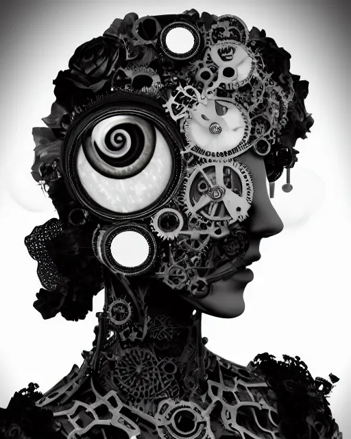 Image similar to black and white dreamy foggy profile face portrait, one steampunk eye biomechanical beautiful young female cyclope - cyborg - robot bust, body ribs meshes,, volumetric light, hibiscus flowers, by hg giger, rim light, by dora maar and cecile beaton, big gothic fashion pearl embroidered collar, 8 k