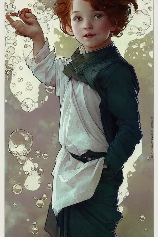 Image similar to a little boy with very short ginger hair chasing bubbles. clean elegant simple illustration, beautiful detailed face. by artgerm and greg rutkowski and alphonse mucha