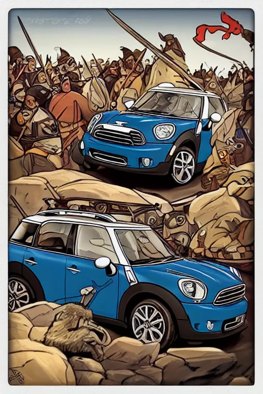 Image similar to “Poster of Mini Cooper Countryman Hybrid in the middle of viking battle. Retro cartoon caricature.”