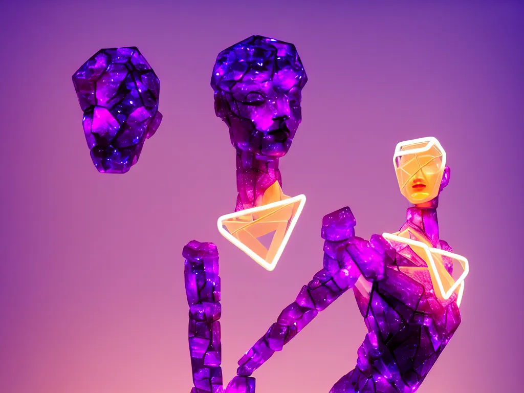 Image similar to beautiful mannequin sculpted out of amethyst by billelis + lit with geometric neon + kintsugi, facing a doorway opening with neon pink geometric light + gold geometric cubed bonsai trees, clean linework, dramatic, finely detailed, rule of thirds, moody, award winning, 4 k, trending on artstation, photorealistic, volumetric lighting, octane render