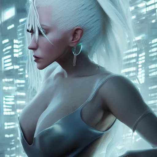 Prompt: a woman with white hair, cyberpunk art by nina tryggvadottir, trending on zbrush central, fantasy art, daz 3 d, 3 d octane render portrait, behance 4 k, ruan jia, cgsociety, pop surrealism