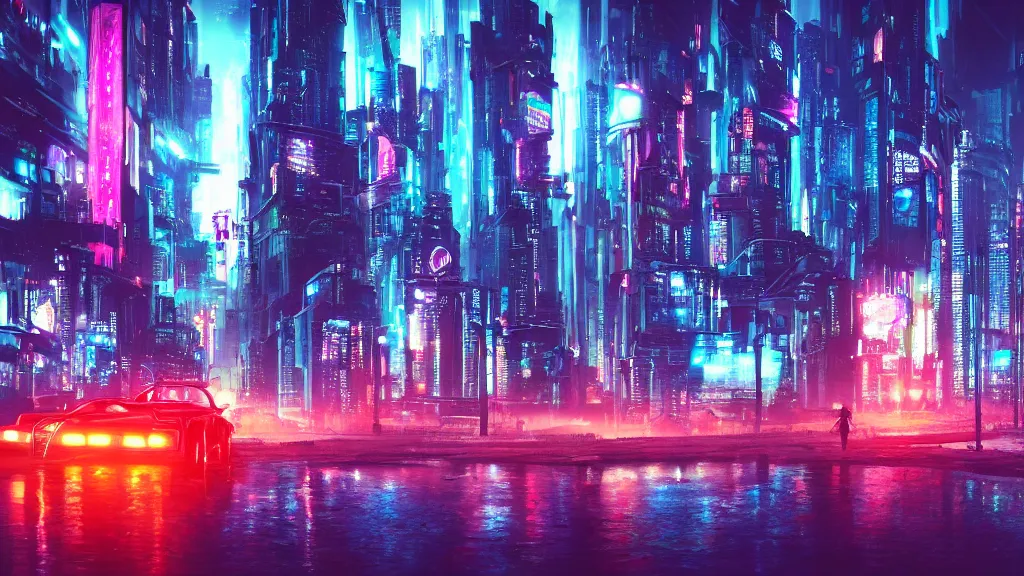 Image similar to Cyberpunk city with neon lights, landscape, raining, reflections, digital art, photorealistic, 4k,