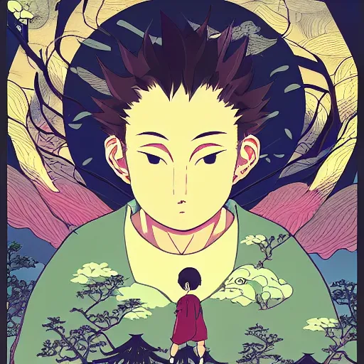 Prompt: a viscerous hyperdetailled character design illustration of the tiny boy in a giant world, scales, size, huge, wanderer in the tree universe, style of studio ghibli, artgerm ( ukiyo - e influence )