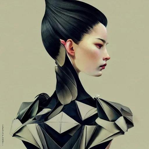 Image similar to 3 / 4 view of a beautiful girl wearing an origami dress, elegant, by esao andrews, by eiko ishioka, givenchy, by peter mohrbacher, centered, floral ornamentic, detailed beautiful face, high depth of field, origami, detailed fashion illustration, vogue, japanese, reallusion character creator