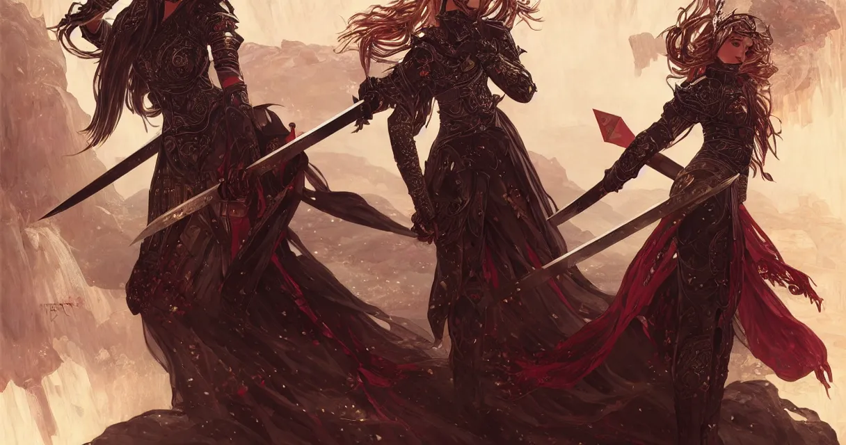 Image similar to knights of zodiac girl + smoky eyes, black and reddish armor, sword and katana fighting in ruined agora of athens moonnight, ssci - fi and fantasy, intricate and very very beautiful and elegant, highly detailed, digital painting, artstation, concept art, smooth and sharp focus, illustration, art by tian zi and wlop and alphonse mucha