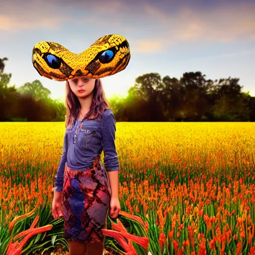 Image similar to full body snake head girl standing in a flower field, her head is hidden behind many snakes, surreal photography, sunrise, dramatic light