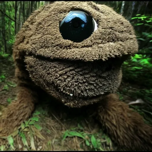 Prompt: Cookie monster caught on trail cam, trail camera footage, wide angle lens, night vision