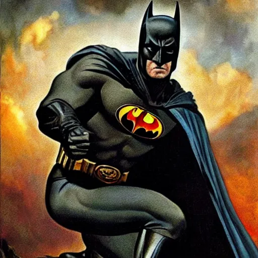 Image similar to an ultra - realistic portrait painting of batman in the style of frank frazetta. 4 k. ultra - realistic. highly detailed. dark fantasy. epic lighting.