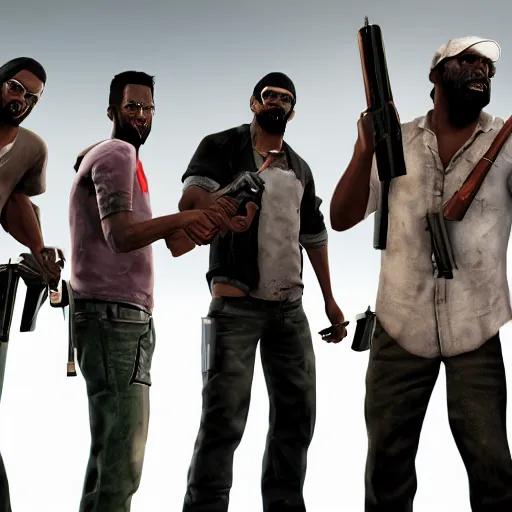 Image similar to photo of left 4 dead team holding weapons and ready for a fight, unreal engine high resolution detailed 8 k