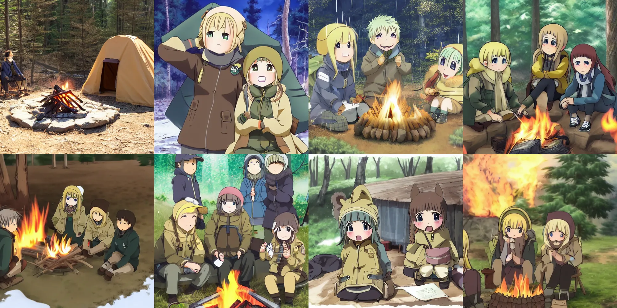 Prompt: yuru camp anime campfire cute and beautiful, extremely detailed