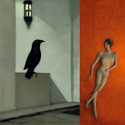 Image similar to a woman in a medieval city, a lots of crows, hyperrealistic film still by edward hopper, by gottfried helnwein, by klimt, by paolo uccello, art nouveau, highly detailed, strong lights, liminal, eerie, symbolist, bright pastel colors