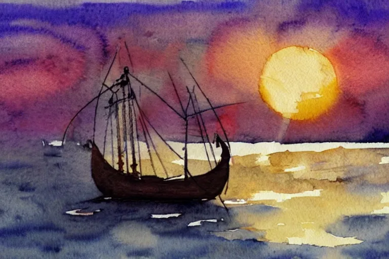 Prompt: Watercolor illustration of a viking ship against the sunset