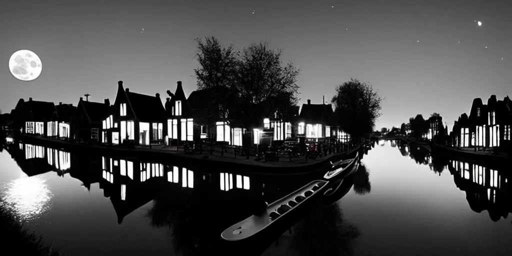 Prompt: Dutch houses along a river, silhouette!!!, A single circular white full moon, black sky with stars, soft glowing windows, stars in the sky, b&w!, Reflections on the river, a man is punting, flat!!, Front profile!!!!, HDR, soft!!, street lanterns glow, shimmers, 1904, illustration, shadowy figures