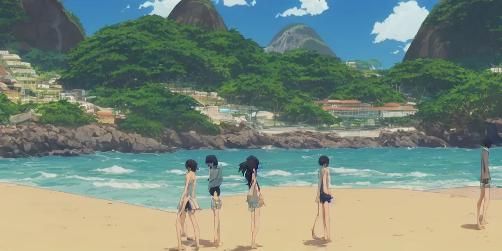 Prompt: a beach in rio de janeiro in an anime film, directed by makoto shinkai, cinematic, key visual, highly detailed, sharp focus