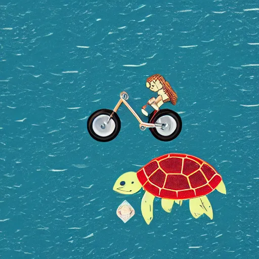 Image similar to a tiny motorbike, riding a bicycle, on the sea, on a giant turtle, eyes in the background