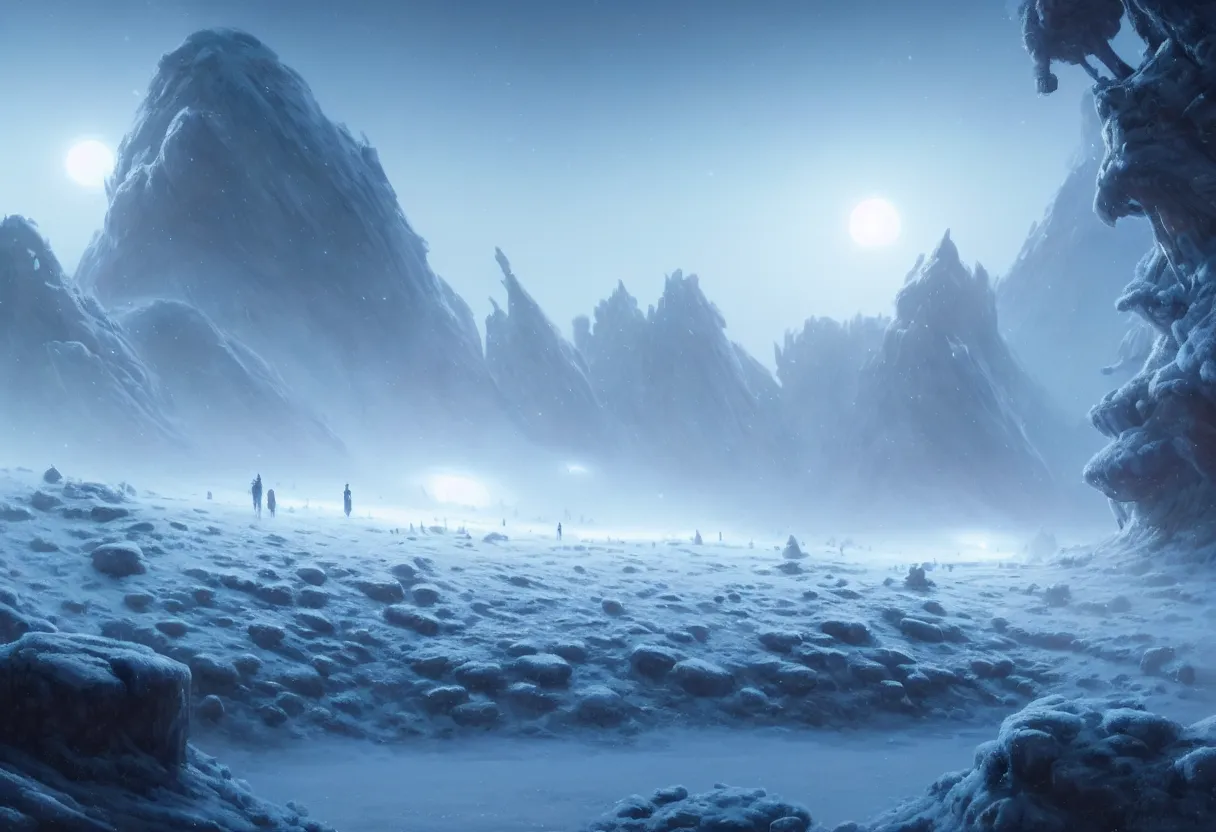 Prompt: ground level view of the frozen winter alien planet with morning fog, ultra high definition, ultra detailed, matte painting, by greg rutkowski and ross tran and wlop
