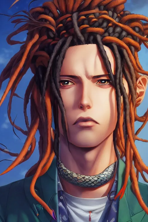 Image similar to portrait of an anime manga guy with floating snake dreads, straight on, by artgerm, james jean, tom bagshaw, gerald brom, vaporwave colors, lofi colors, vaporwave, lofi, goth vibe, 4 k, smooth, hd, substance designer render, full body character concept art, symmetrical, 2 point lighting,