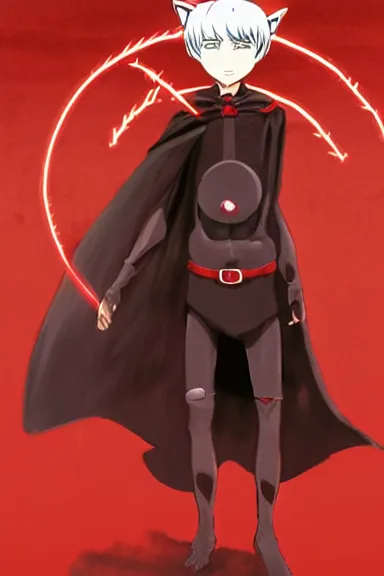 Image similar to little boy with cat ears in an black outfit with red cape. digital artwork made by lois van baarle and kentaro miura, sharpness focus, inspired by hirohiko araki, anatomically correct, heroic composition, hero pose, smooth, night city, illuminati