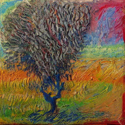 Image similar to oil paint impasto relief, tree in a field, multi layered abstract texture thick brush marks, some splattered paint, in the style of monet and frank auerbach