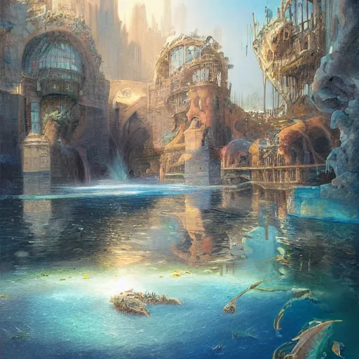 Image similar to a beautiful portrait painting of life in atlantis, masterpiece by famous artist nasreddine dinet and eugene de blaas and rossdraws, path tracing, artstation