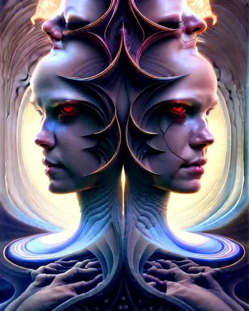 Image similar to a portrait of gemini light and dark fantasy character portrait made of fractals facing each other, ultra realistic, wide angle, intricate details, the fifth element artifacts, highly detailed by peter mohrbacher, hajime sorayama, wayne barlowe, boris vallejo, aaron horkey, gaston bussiere, craig mullins