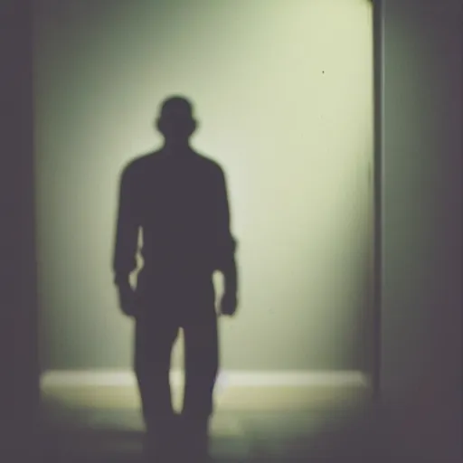 Image similar to dark, scary human figure standing ominously in a hallway, backlit by soft lights, dark, mysterious, creepy, photo taken on Polaroid camera