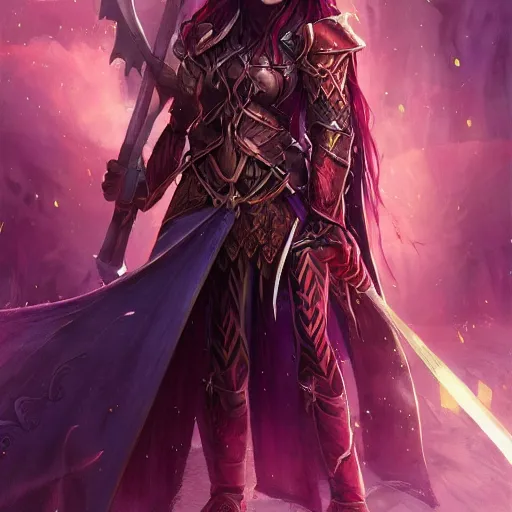 Image similar to a female elven cleric with red long hair, very good beautiful heavy scale armor, wearing a cape, casting a fire spell, dungeon background, magical, bright, colorful, fantastic lighting, amazing details, 4 k uhd, illustration by stephanie brown and mingchen shen and ilya kuvshinov, artstation, pixiv, concept art,