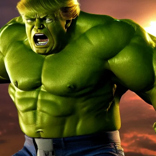 Image similar to Donald Trump cast as the Hulk, still from marvel movie, hyperrealistic, 8k, Octane Render,