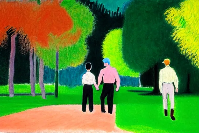 Image similar to a very tall man named John with dark hair holding the hands of a short young boy named Alex with dark hair as they walk in a park on a bright beautiful colorful day. part in the style of an edgar degas painting. part in the style of david hockney