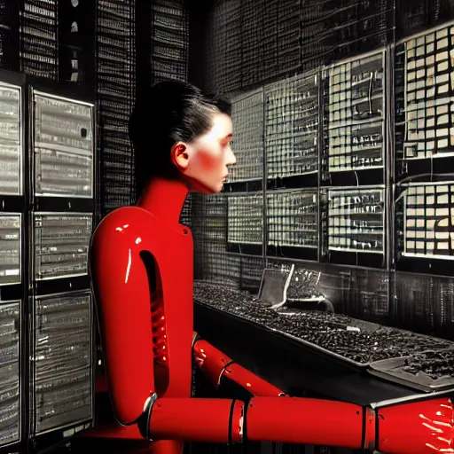 Prompt: hyperrealism aesthetic photography in caravaggio style quntum computer simulation visualisation of parallel universe cyberpunk scene with detailed robot working at detailed data centre and wearing retrofuturistic sci - fi laboratory uniform designed by josan gonzalez. hyperrealism photo on pentax 6 7, by giorgio de chirico volumetric natural light rendered in blender