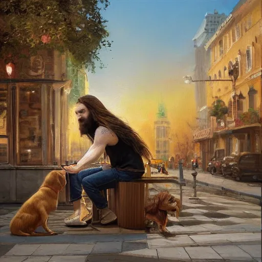 Image similar to oil painting of a young man with long hair blond and a beard hippie style with his golden retrever dog playing piano in the square for money, people watching around, by greg rutkowski, artstation