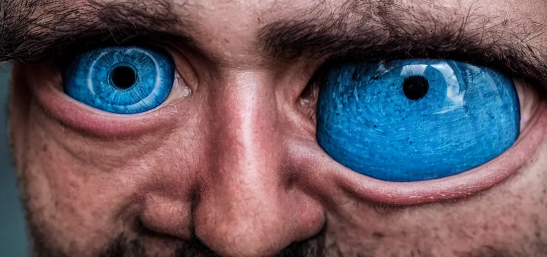 Image similar to fish eye lens close up photograph of a man with blue skin and a goatee side eyeing the camera with a sympathetic look