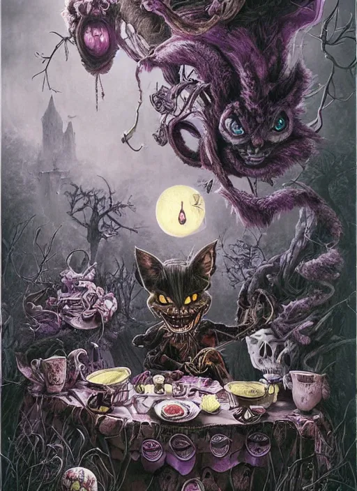 Image similar to Cheshire Cat on a tea party,Death Tarot card,highly detailed,half skull face,cinematic,8k,by Stanley Artgermm,Tom Bagshaw,Greg Rutkowski,Carne Griffiths, Ayami Kojima, Beksinski, Giger,trending on DeviantArt,hyper detailed,horror, full of colour