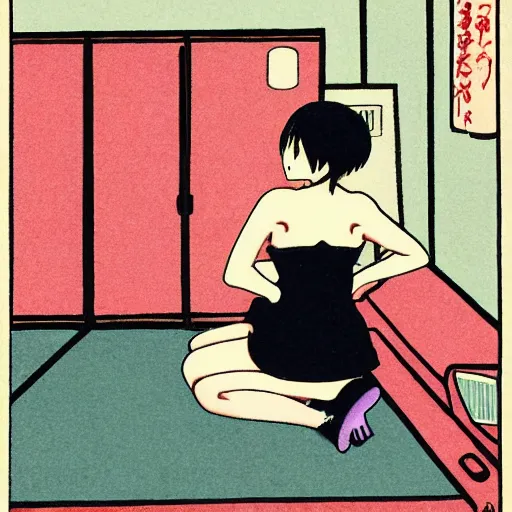 Prompt: anime girl sitting on a bed in a dark room, dimly lit by a CRT television, in the style of Yoshitoshi Abe