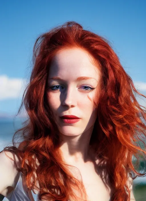 Image similar to face portrait of a thin young elegant gorgeous redhead woman with russian descent, sunbathed skin, with beautiful!, deep blue eyes. Wavy long maroon colored hair who looks directly at the camera. Slightly open mouth, face takes up half of the photo. a park visible in the background. Intricate. Very detailed 8k texture. Sharp. Cinematic post-processing. . Sharp eyes. stefan kostic. stanley lau. artgerm. Soft light. Lifelike.