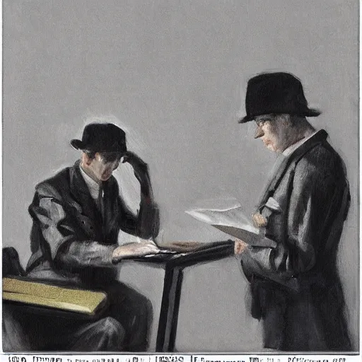 Prompt: in 1 9 4 5, two men were in front of many people reading a text on a piece of paper on stage, realism, fine art, trending on artstation.