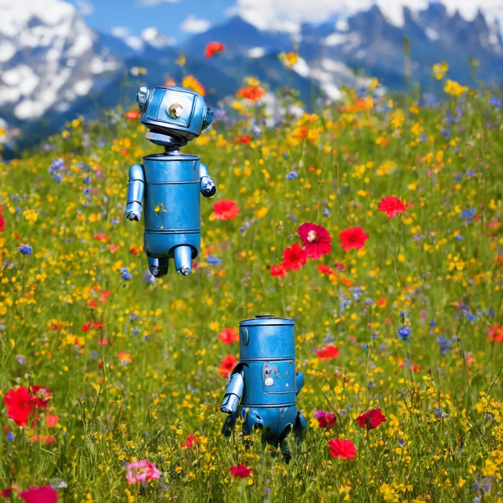 Image similar to a tin can robot in a colourful flower meadow in the alps, sunny weather, Carl Zeiss 85mm lens, bokeh