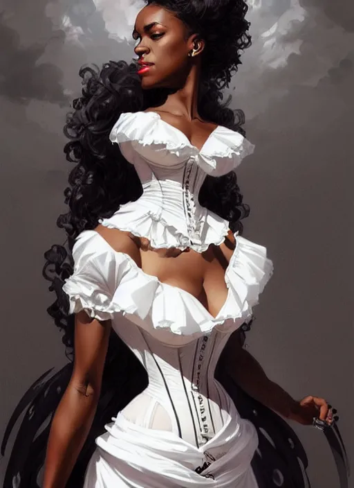 Image similar to cute black woman wearing a white corset dress, fantasy, intricate, highly detailed, digital painting, artstation, concept art, wallpaper, smooth, sharp focus, illustration, art by artgerm and greg rutkowski and alphonse mucha