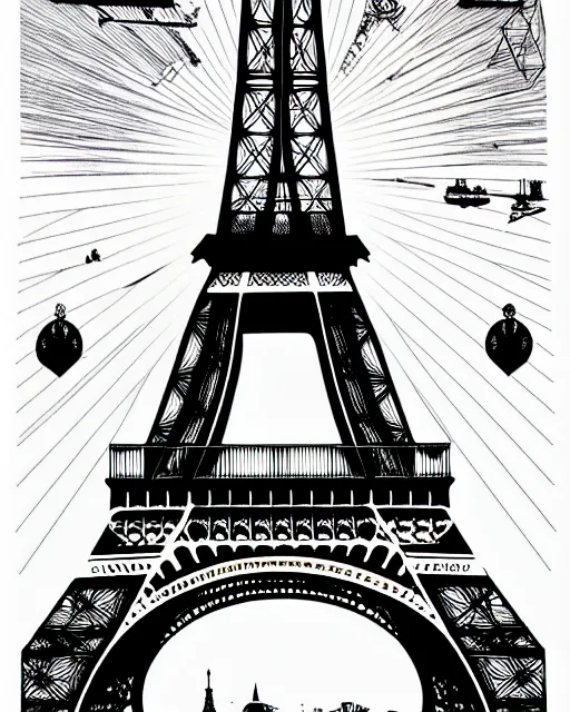 Prompt: eiffel tower, extremely detailed, bold line art, by vincent di fate and joe fenton, inking, etching, screen print, masterpiece, trending on artstation, sharp, high contrast, hyper realistic, hd, 4 k, 8 k