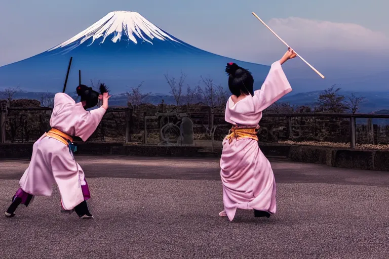 Image similar to beautiful photo of a geisha samurai warrior, mt fuji in the background, mid action swing, muted pastels, action photography, 1 / 1 2 5 shutter speed, back lit lighting