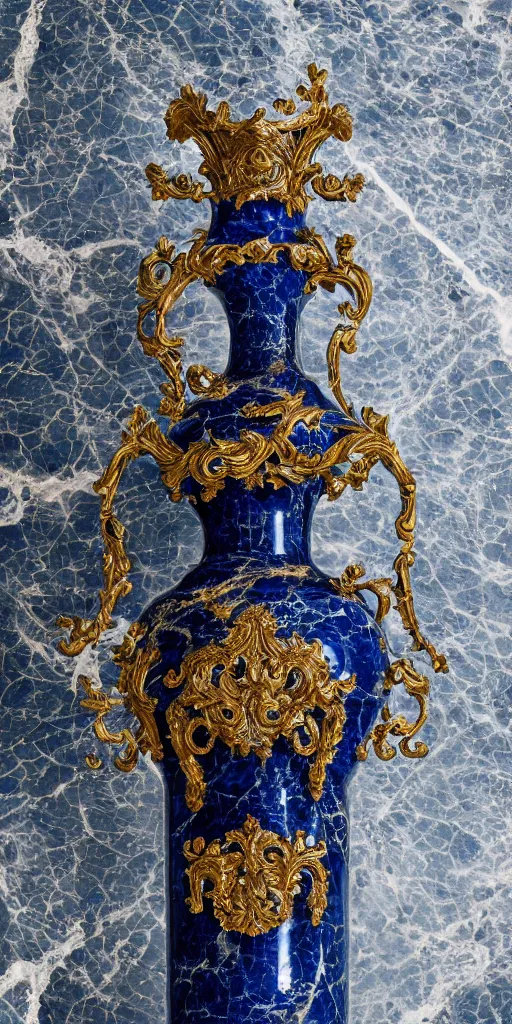 Image similar to an ornate baroque vase breaking on the marble tile floor, exploding into dust, dark - blue light - blue gold silver white black beige, volumetric dust rays, intricate detail, ultra realistic, cinematic lighting, moody, wet, shiny