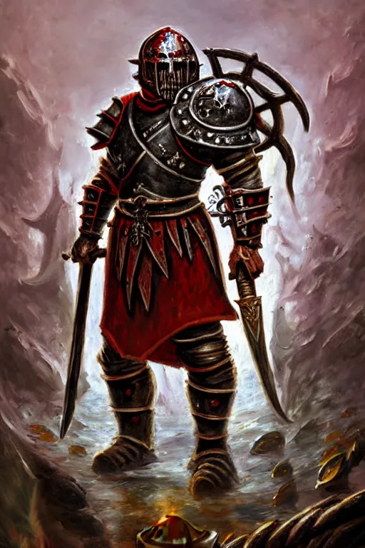 Prompt: classic oil painting, a khorne berserker that is dressed as a medieval knight, as a dnd character, standing under the sea, cottagecore, extremely detailed, digital illustration, concept art, readability, smooth, sharp focus, in the style of diablo 2