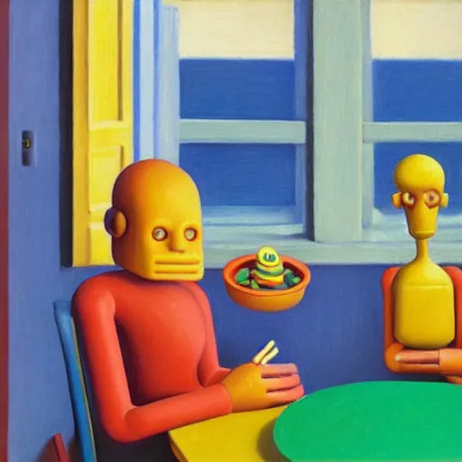 Image similar to happy robots eating play - doh noodles from a play - doh nozzle, grant wood, pj crook, edward hopper, oil on canvas