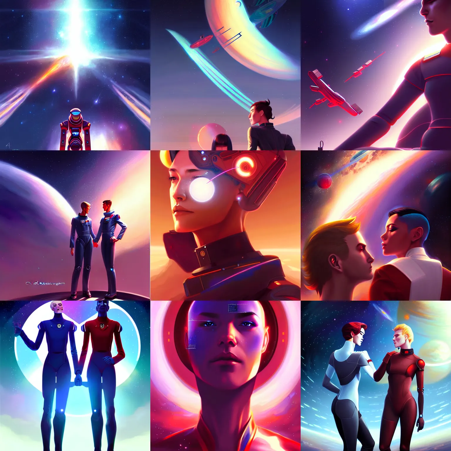 Prompt: beautiful digital painting of fully automated luxury gay space communism, by charlie bowater, ross tran, artgerm, makoto shinkai,