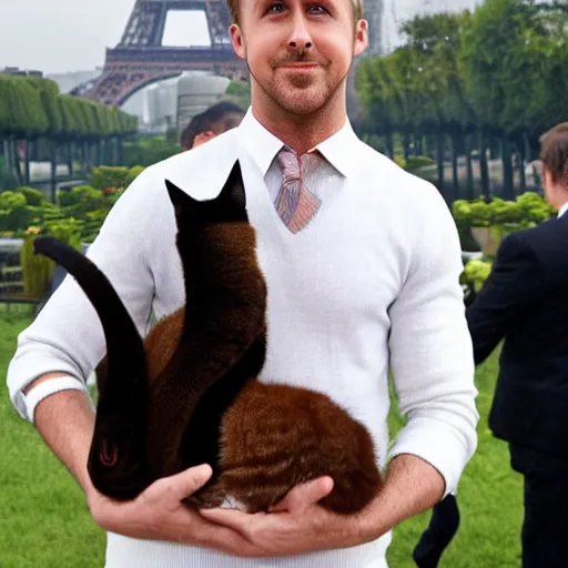 Image similar to Ryan Gosling holds a caracal cat in his hands against the backdrop of the Eiffel Tower